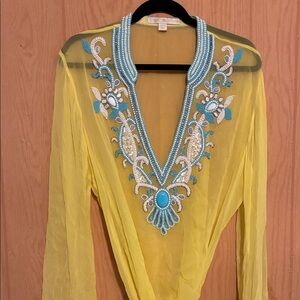 Boston Proper Yellow Tunic with Blue Embroidery